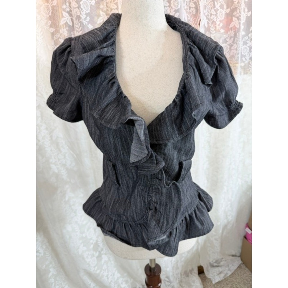 First Option Gray Herringbone Ruffle Peplum Blouse Puff Sleeve V-Neck Top Small